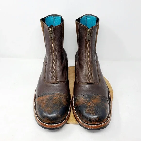 PSKaufman Chelsea Boots Mens 13‎ Brown Leather Front Zip Brogue Cap Toe Shoes